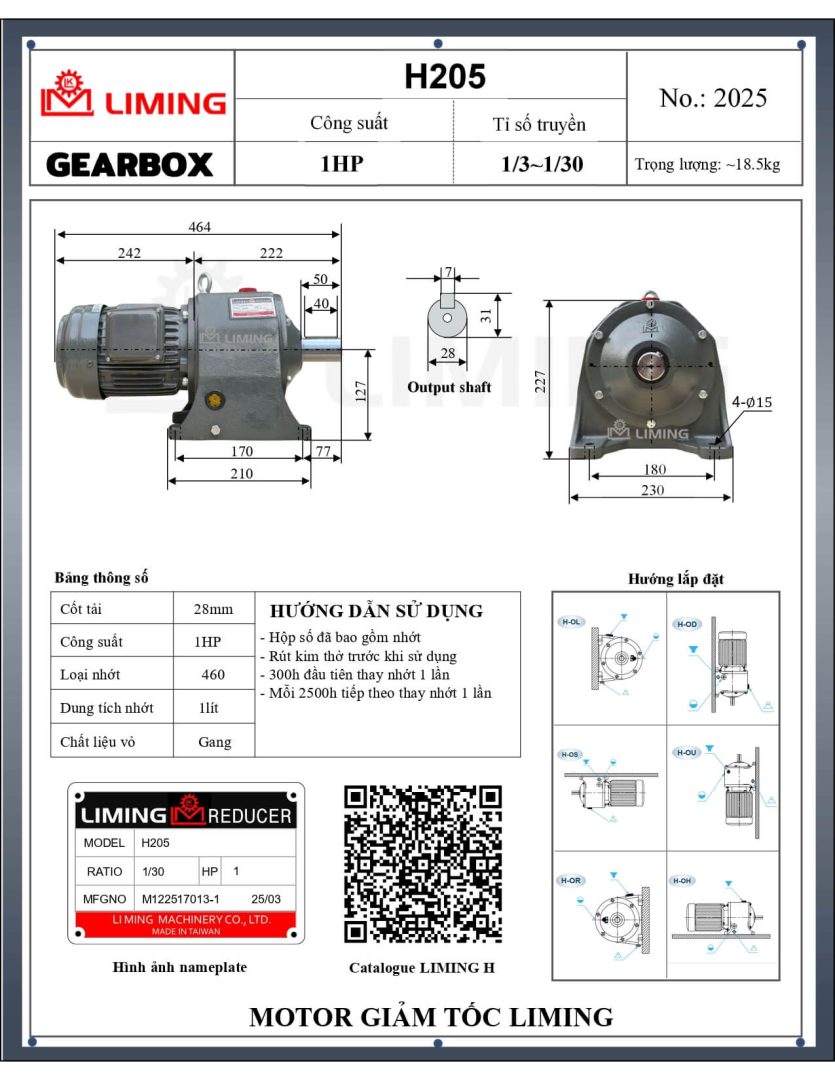 H205 Motor Giảm Tốc Liming Chân Đế H205-1HP | Cty Ngọc Tiên